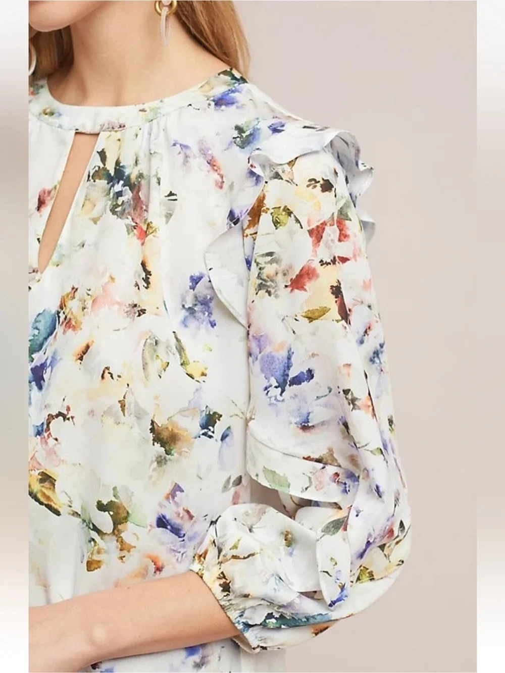 Anthropologie Dolan Araminta Cream Floral Ruffle Keyhole Blouse Small